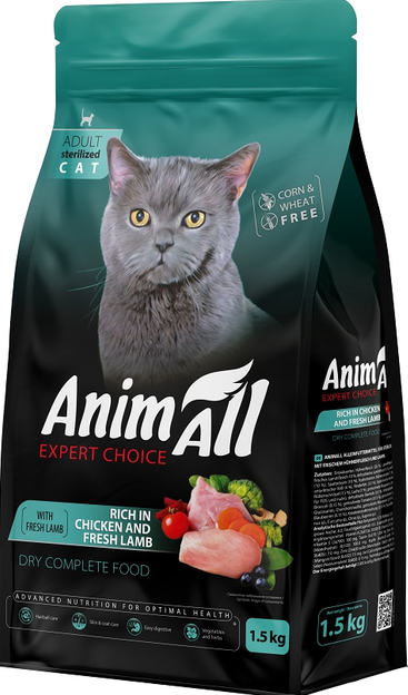 Корм сухой AnimAll для стерилизованных кошек с курицей и свежей ягнятиной 1,5 кг Корм сухой AnimAll для стерилизованных кошек с курицей и свежей ягнятиной 1,5 кг