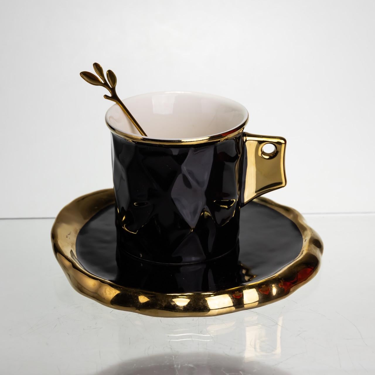 Чашка фарфоровая Lighthouse LG-30203 BK 200 мл с блюдцем и ложкой Черный (124420)