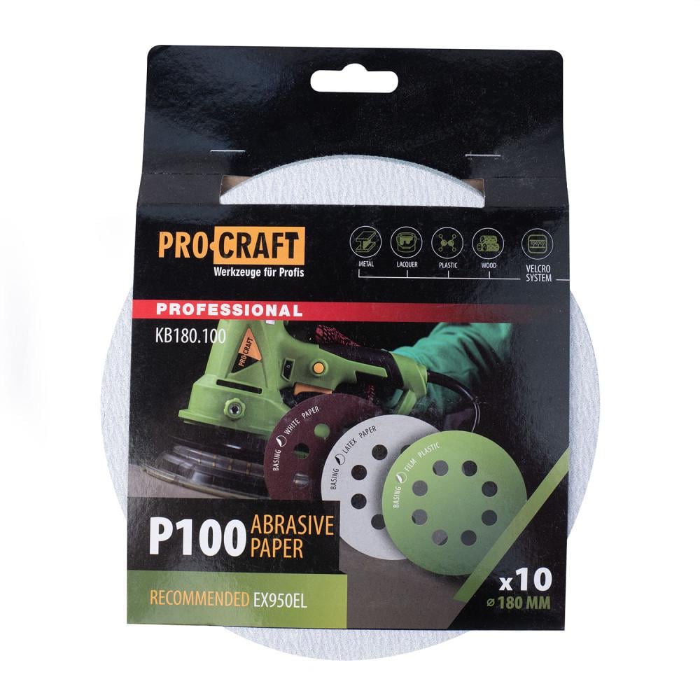 Круг шлифовальный самозацепной Procraft KB180 P100 для шлифмашины EX950EL 180 мм 8 отверстий 10 шт.