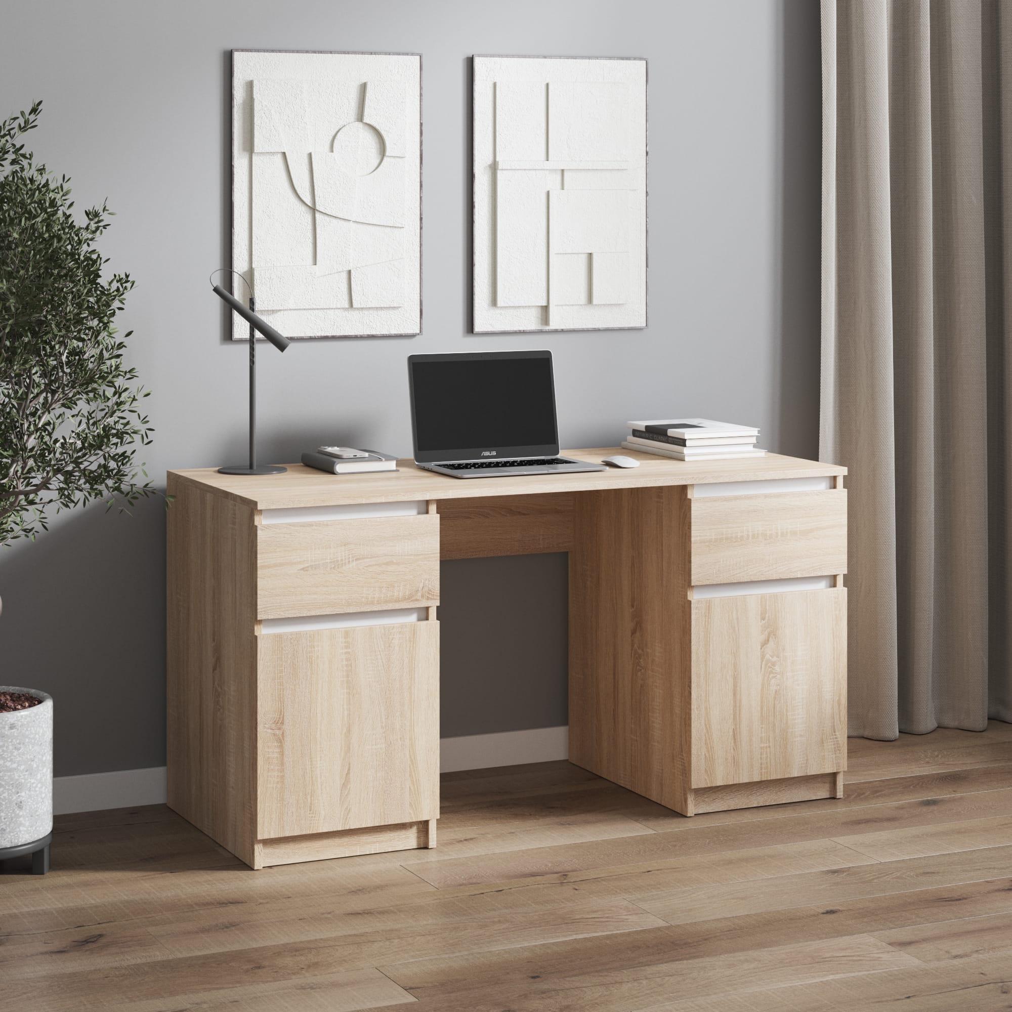 Письменный стол с двумя тумбами ЛДСП без ручек Дуб Сонома/Белый