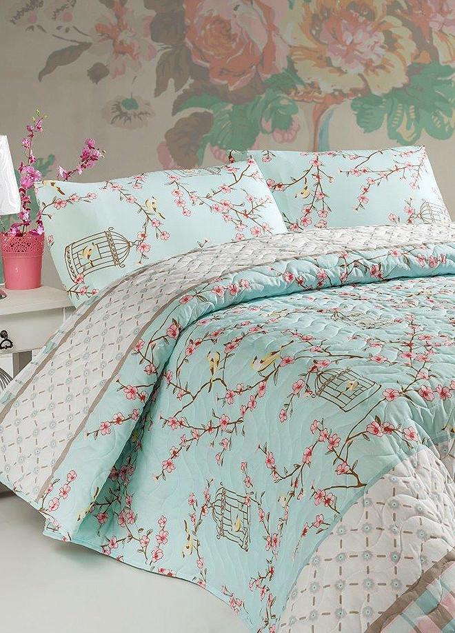 Покрывало стеганное с наволочками Eponj Home Birdcage 200х220 Бирюзовый (564254111)
