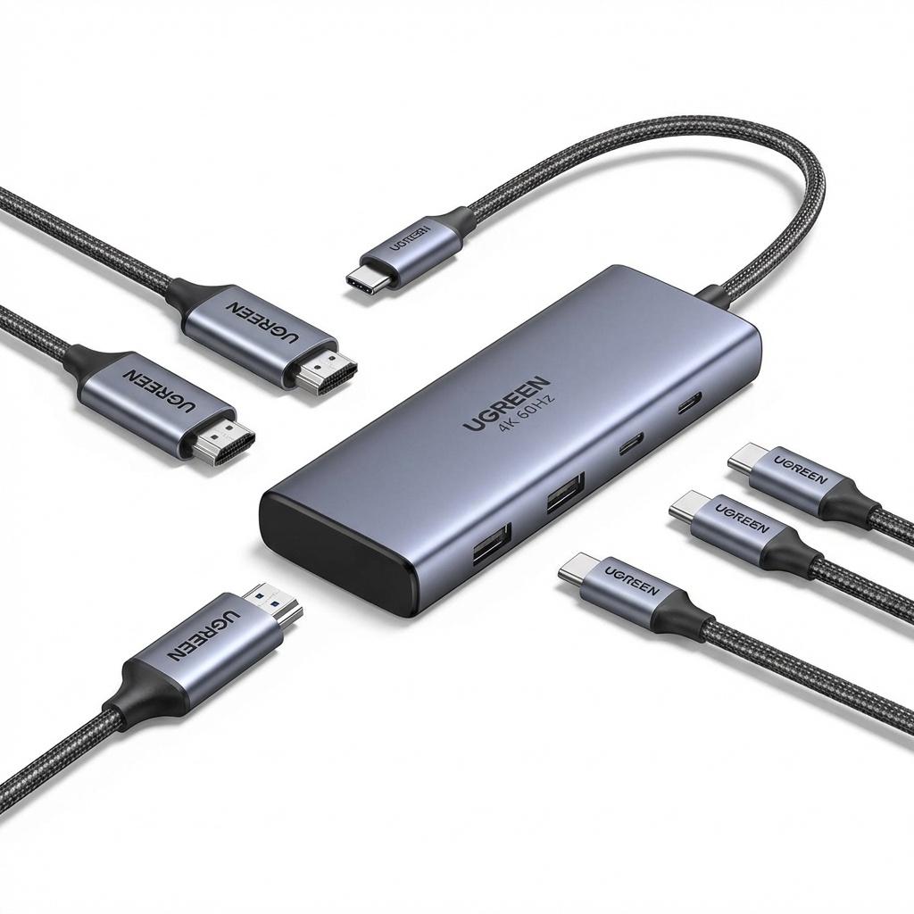 USB-хаб 7в1 UGREEN CM498 2xHDMI/USB 3.2/PD 100W Серый (45379)