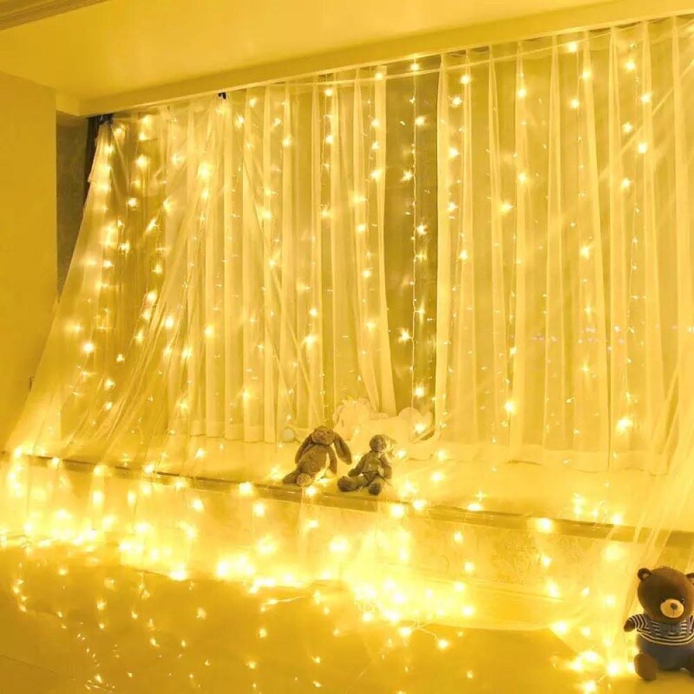 Гирлянда-штора светодиодная 600 LED 3x3м 220В статический режим IP44 Прозрачный провод/Теплый белый (24-1483-07)