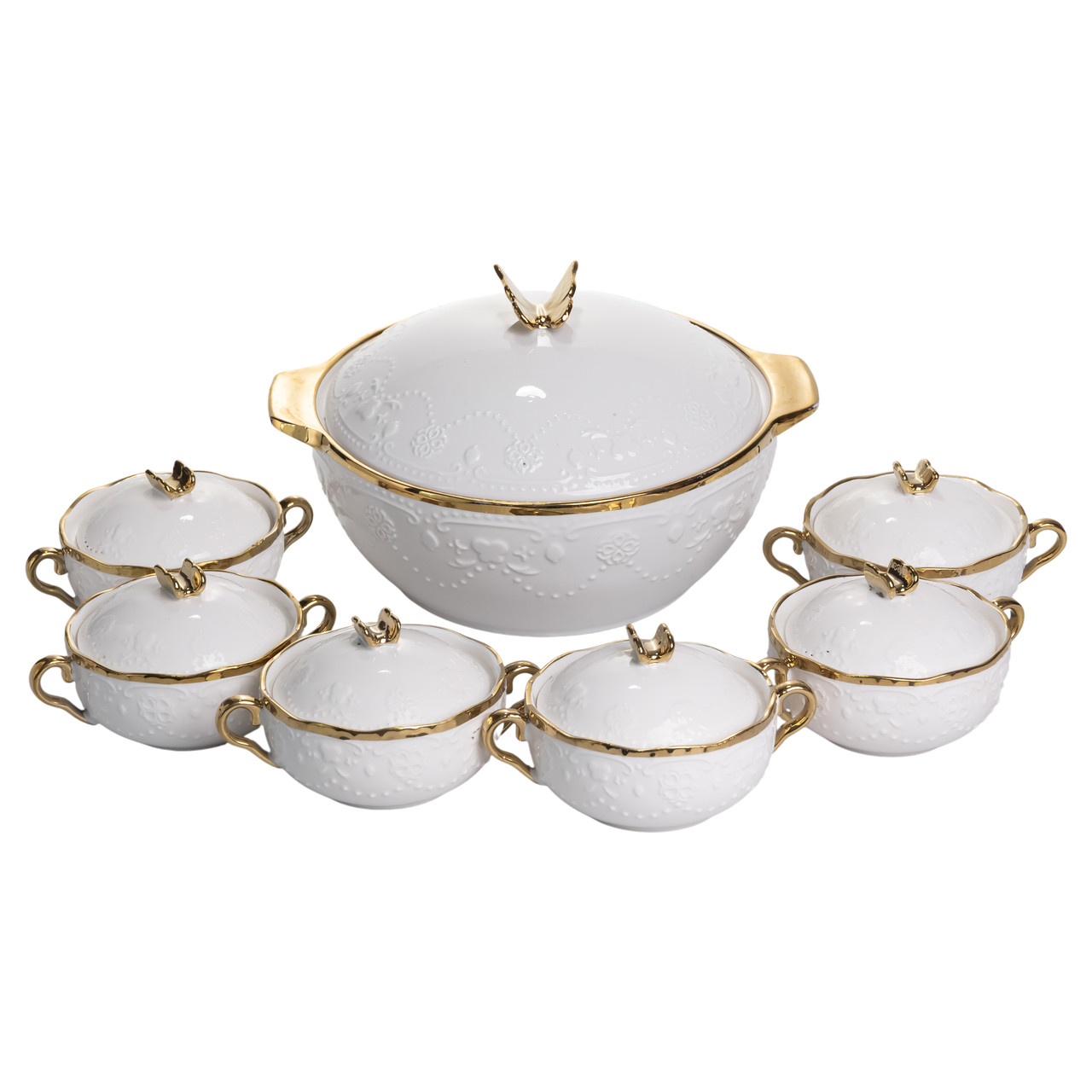 Сервиз суповой фарфоровый Amphora на 6 персон супница 3 л с 6 бульонницами 300 мл 7 предметов Белый/Золотой (SPW-16)