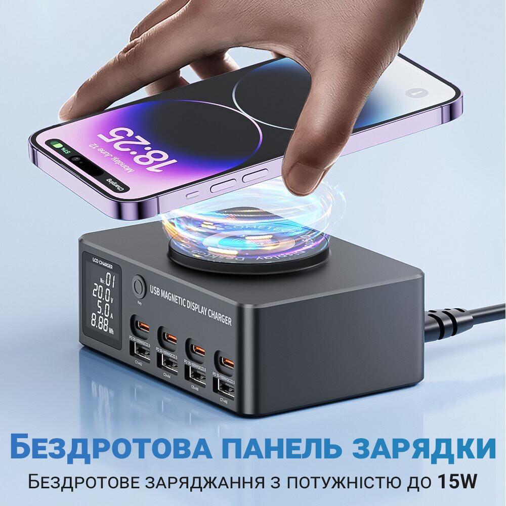 Док-станція зарядна Addap MCS-818DP/4 роз'єми Type-C PD 100 W/4 роз'єми USB QC3.0/бездротова панель 15 W - фото 7