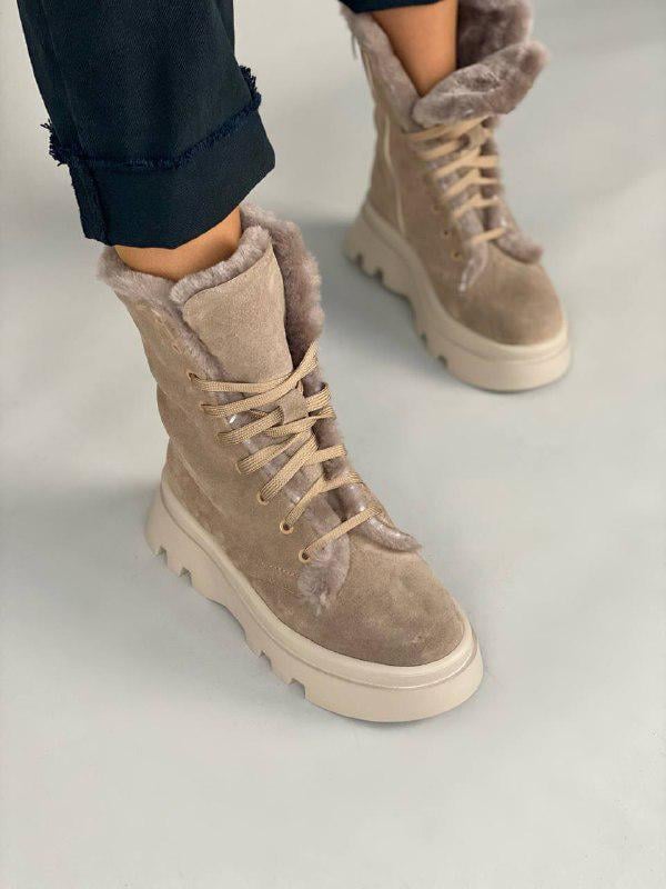 Ботинки женские замшевые со шнуровкой зимние р. 36 Бежевый (9943з/36)