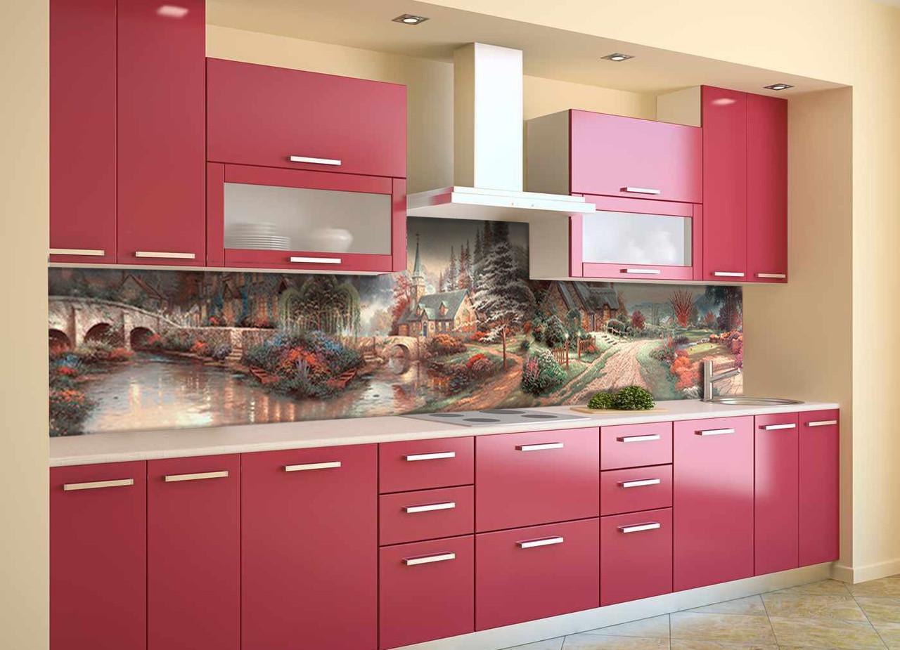 Кухонный фартук Сказочный городок из самоклеющейся виниловой пленки 60х300 см Бежевый