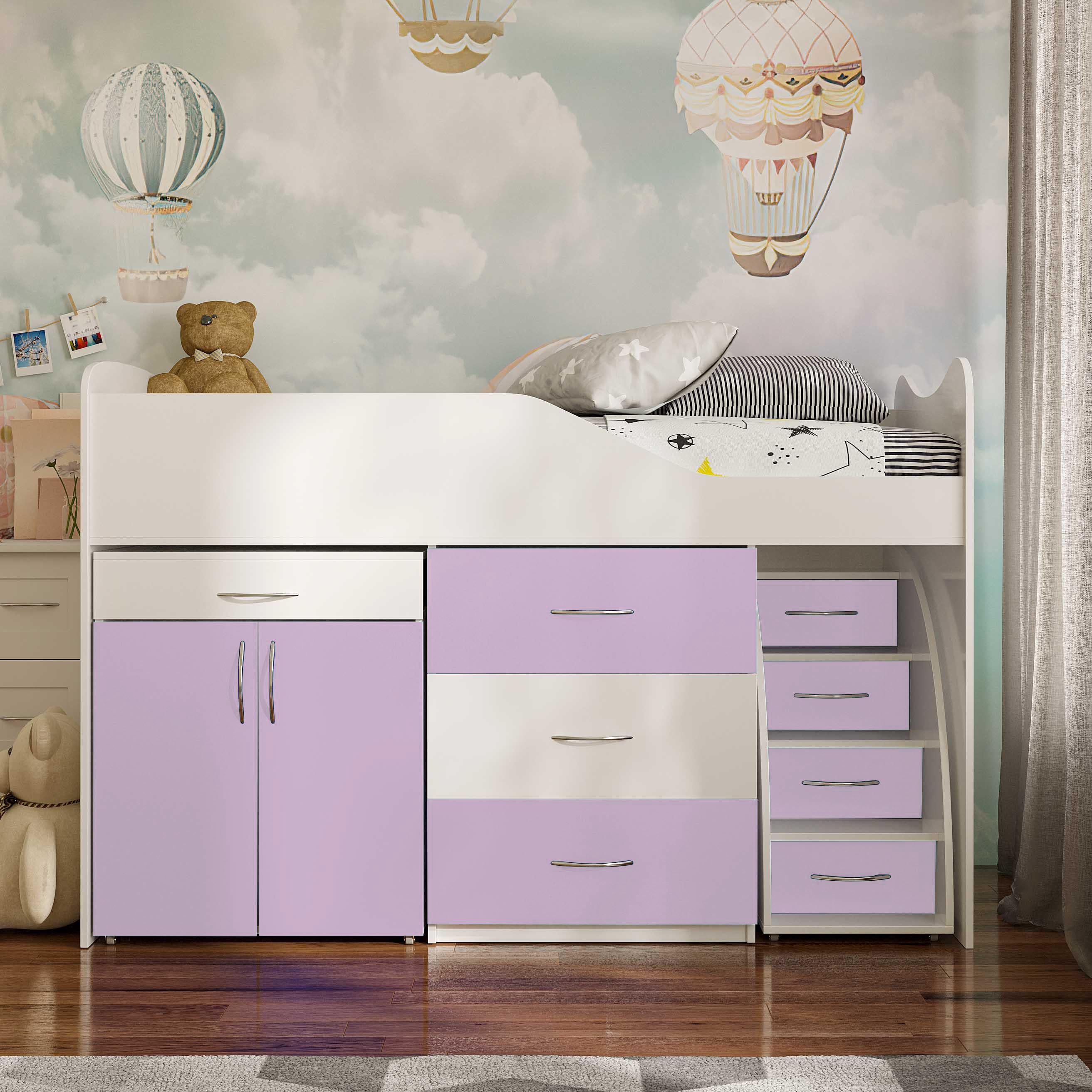 Комплект для детской BED-ROOM 5 кровать с комодом и письменный стол 1840x860x1200 мм Белый/Лаванда