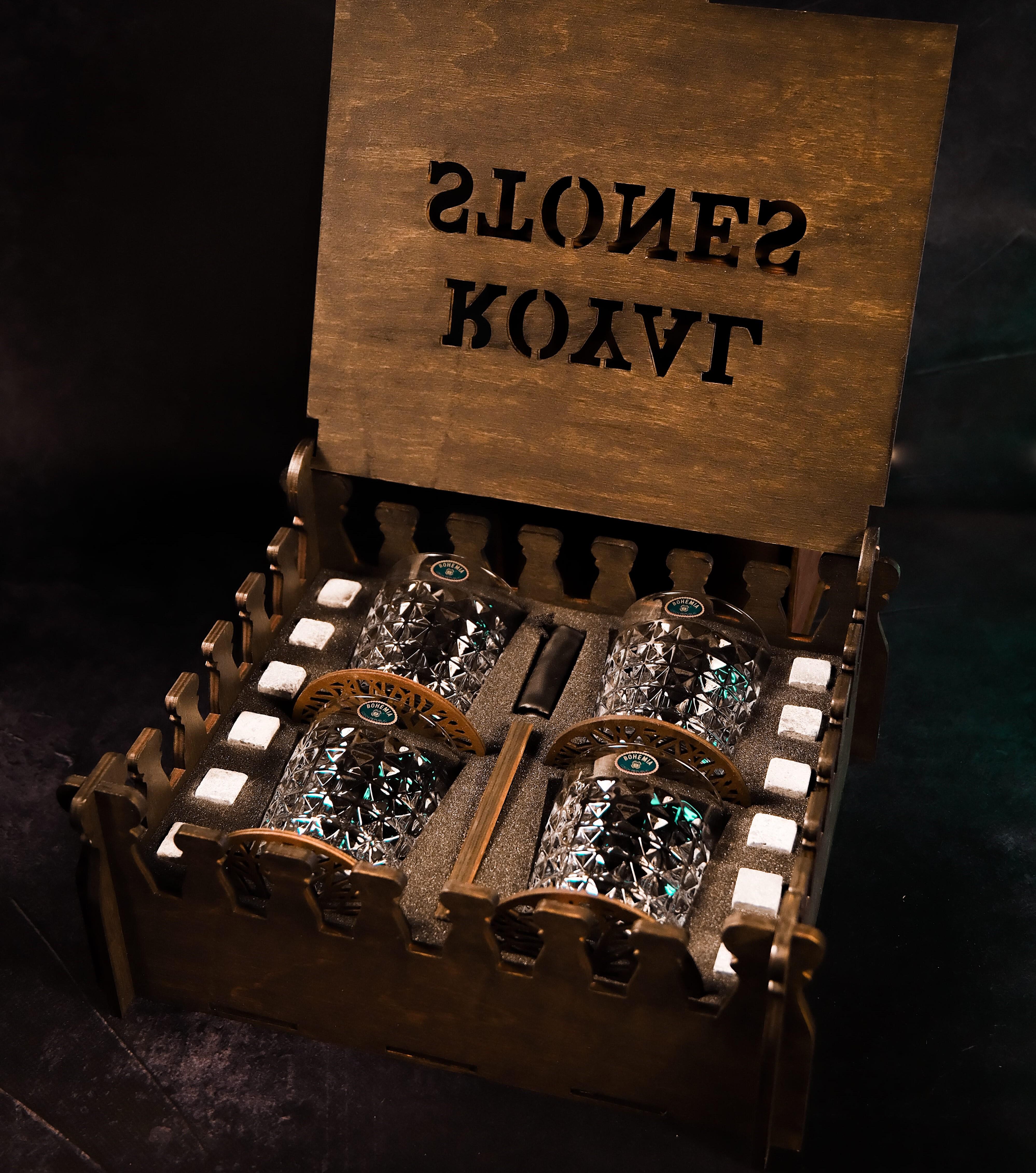 Камені для віскі Royal Stones Фортеця 12 шт. з бокалами Bohemia Diamond 230 мл 4 шт./мішечком/щипцями/підсклянниками 4 шт. та сертифікатом - фото 2