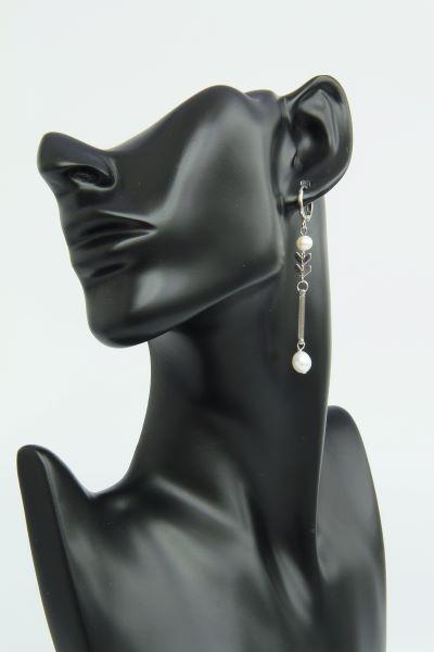 Сережки довгі родій з натуральними перлами Паула ручна робота (ER-0016)