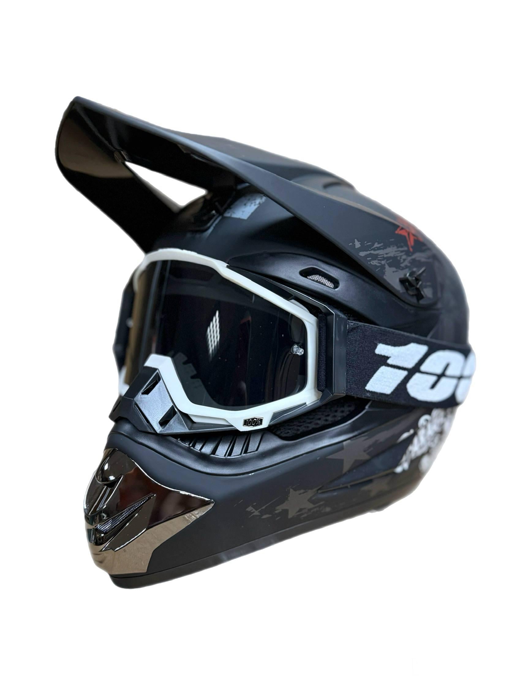 Мотошолом ендуро кросовий Helmet Skull XL череп Чорний і окуляри Profi 100% Чорно-білий (0319)