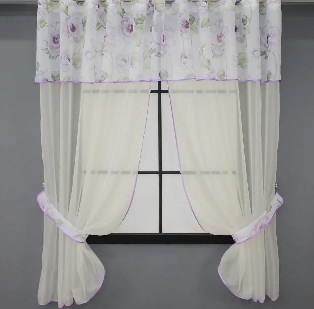 Шторки на кухню с ламбрекеном 290х170 см Сиреневый/Молочный(084к)