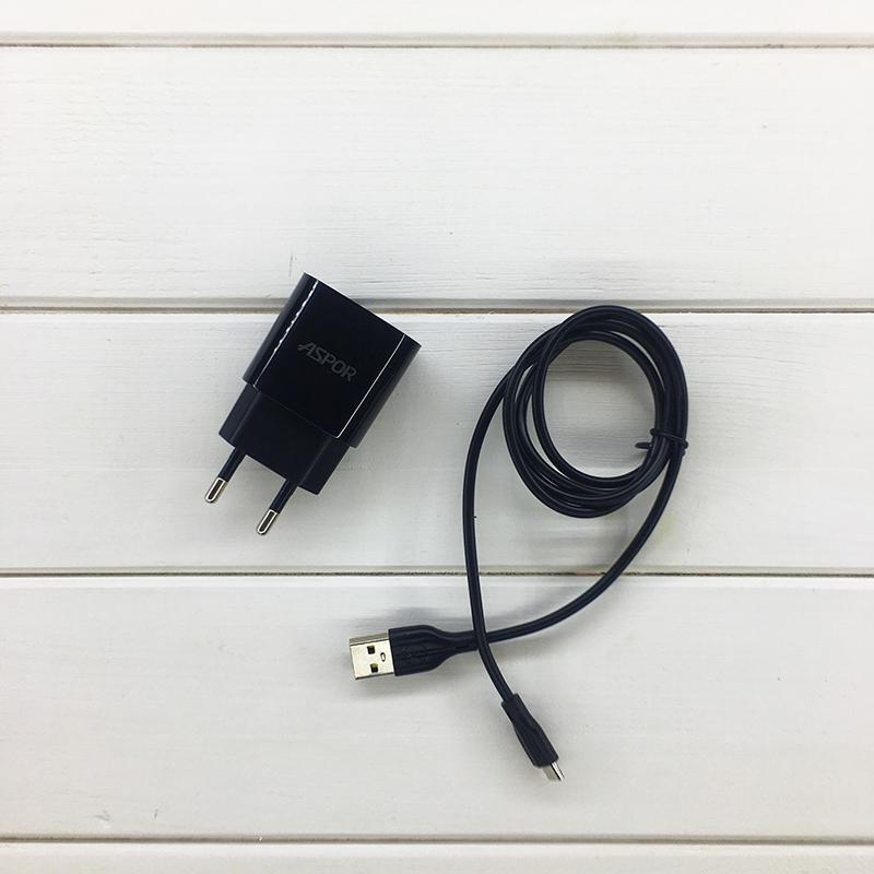 Сетевое зарядное устройство Aspor A818 Plus 2.4A iQ и USB кабель Micro Черный (925052)