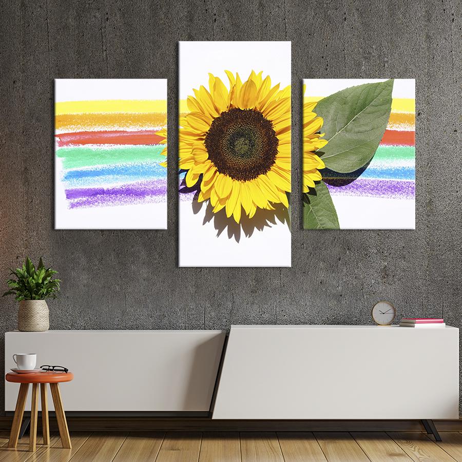 Картина на холсте триптих Акварельная радуга и подсолнух 141x90 см (953-32)