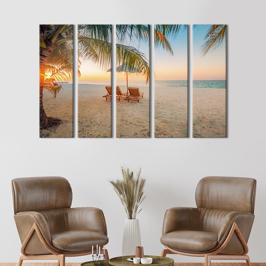 Модульная картина из 5 частей на холсте Шезлонги под зонтом на берегу океана 87x50 см (439-51)
