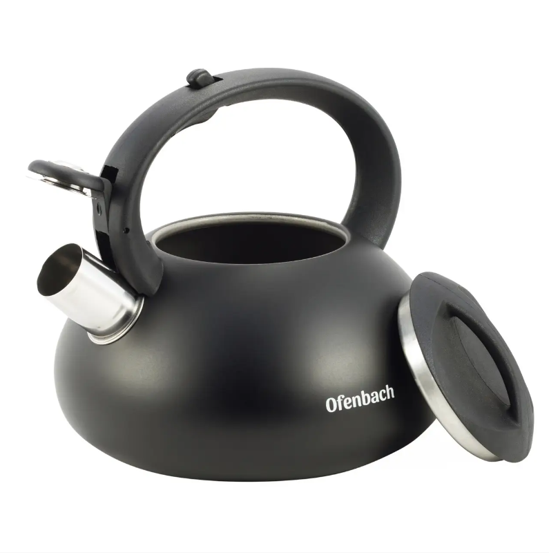 Чайник Ofenbach KM-100302 2,5 л із нержавіючої сталі зі свистком та нейлоновою ручкою для індукції та газу Чорний  (NA002469)