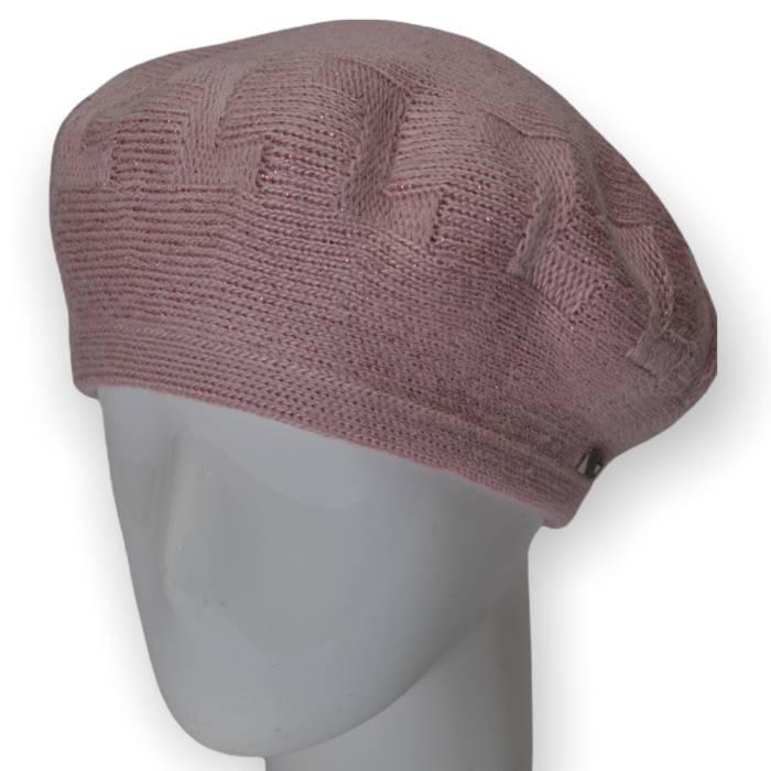 Берет женский Lirus Тетрис двойной теплый шерстяной украшенный люрексом Розово-пудровый