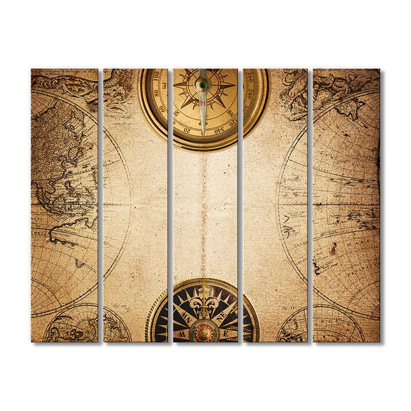 Винтажная карта Историческая карта с компасами 5 модулей 80x120 см