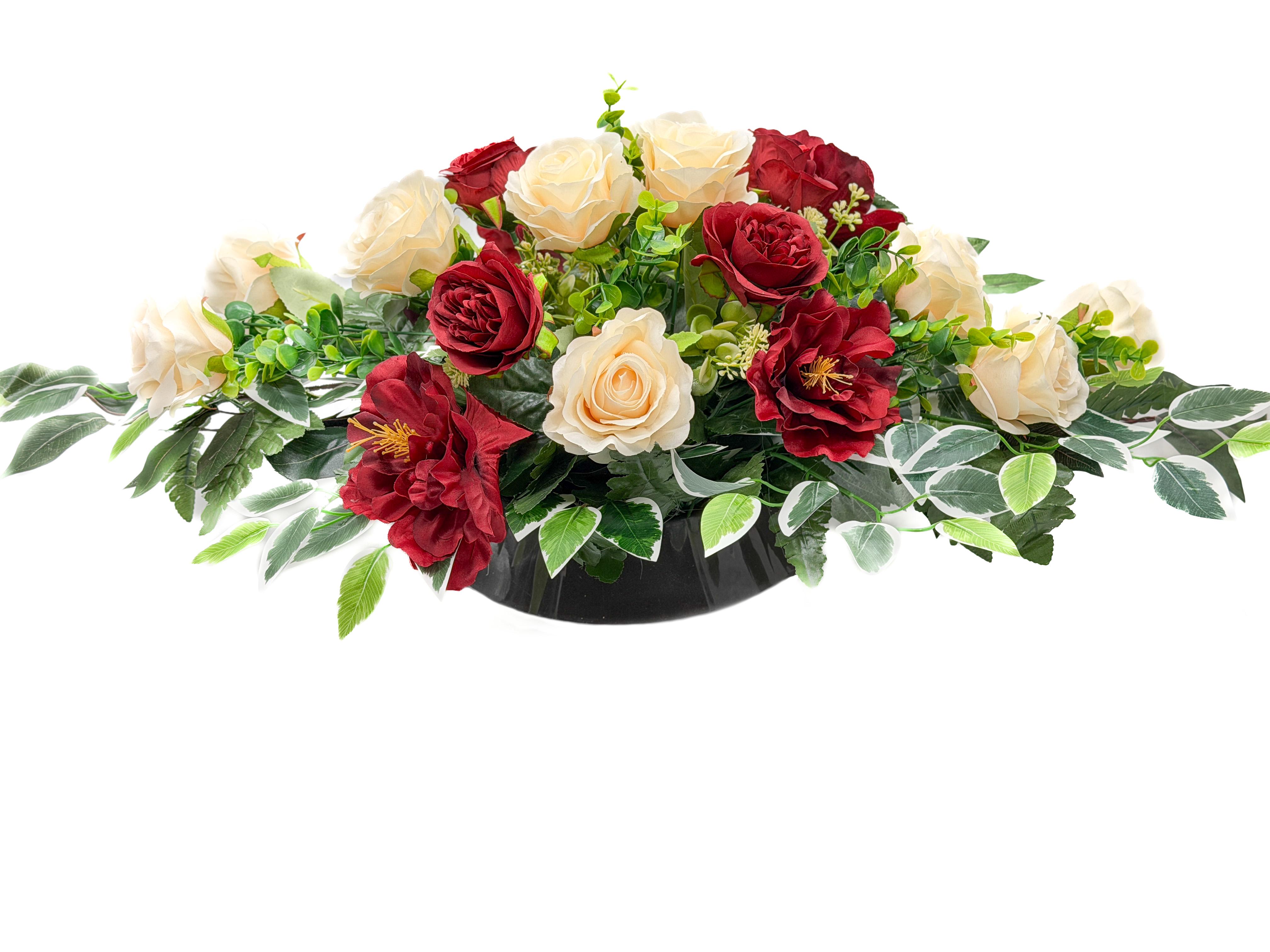 Композиція квіткова GALA DECOR з 18 молочних бордових троянд та піоній 70 см