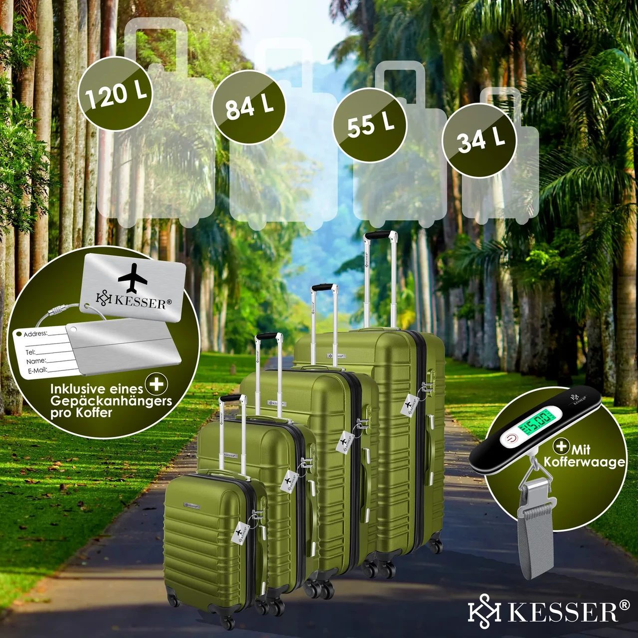 Набір з 4 дорожніх валіз KESSER з твердим корпусом S M/L/XL Хакі - фото 4