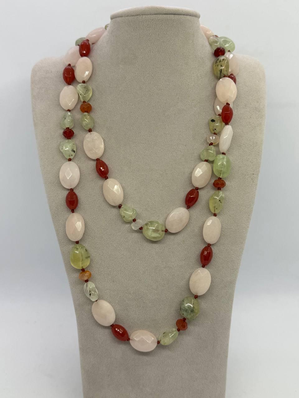 Бусы из пренита/розового кварца/сердолика 100 см Комбинированный (13005)