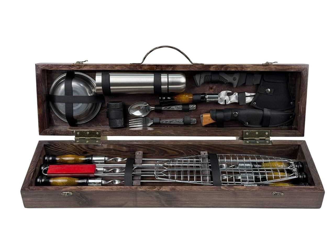 Набор для пикника GrillMaster Рыбалка с решеткой/термосом/топором/посудой 27 пр. Коричневый (10-164-KS-7703)