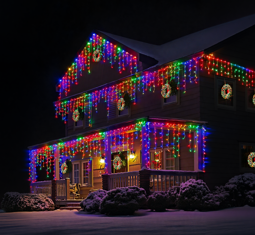 Гирлянда бахрома уличная 840 LED 50 м от сети белая нить Разноцветный