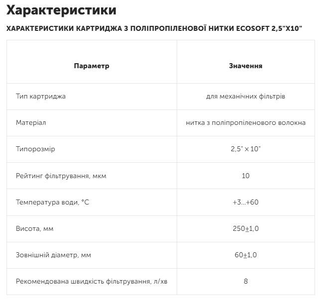 Картридж для фільтрів води з поліпропіленової нитки Ecosoft 2,5"x10" 10 мкм (CPN251010ECO) - фото 2