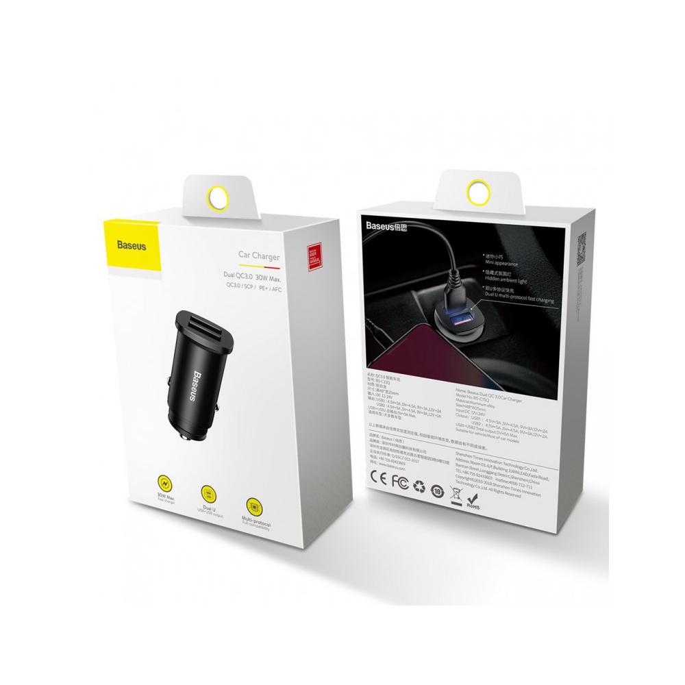Зарядное устройство автомобильное Baseus Square metal A+A 30 W Dual QC 3.0 Quick Car Charger Black (06253) - фото 3