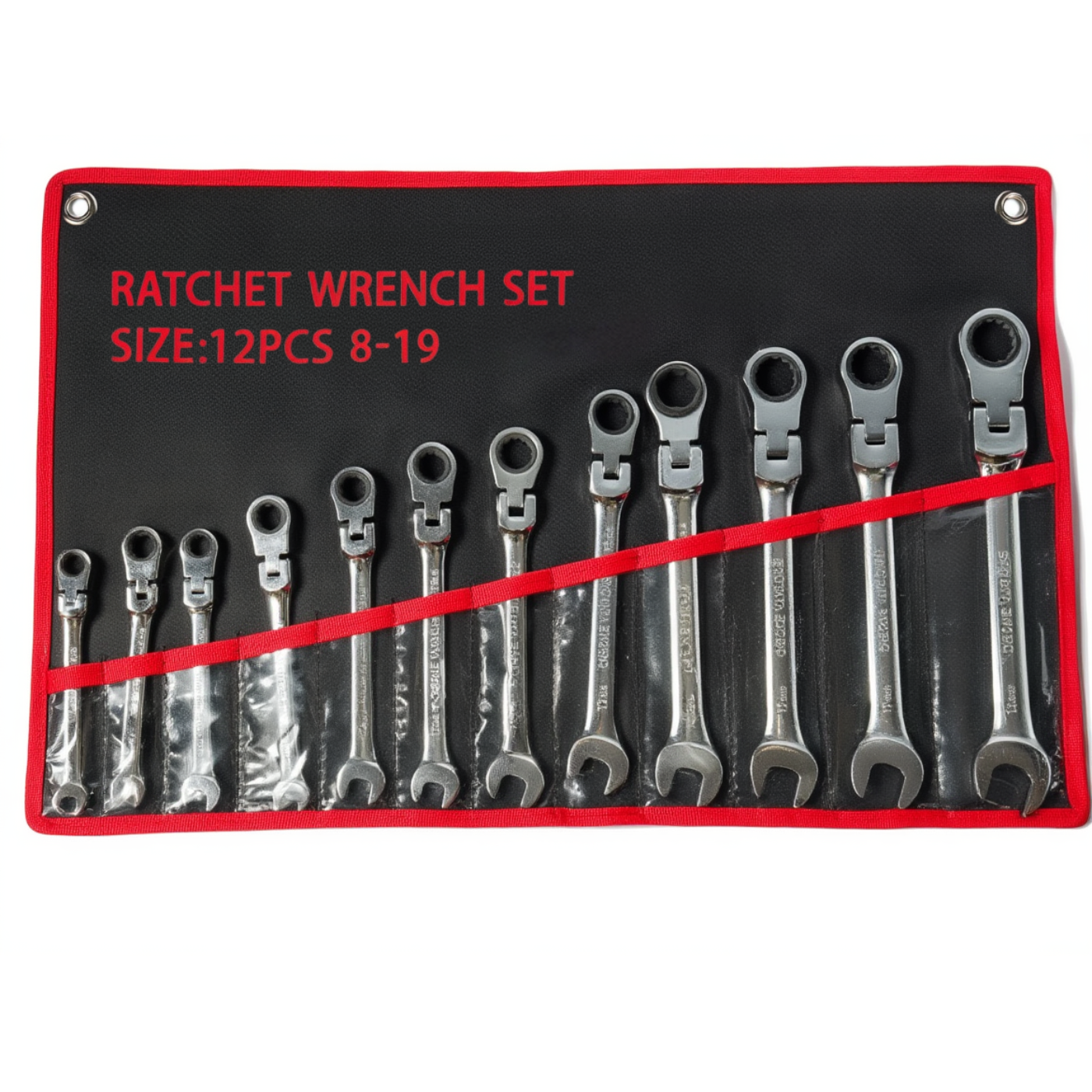 Набор гаечных ключей комбинированные рожково-накидные для ремонта с трещоткой и вращающимся механизмом 180° с чехлом 12 шт. 8-19 мм