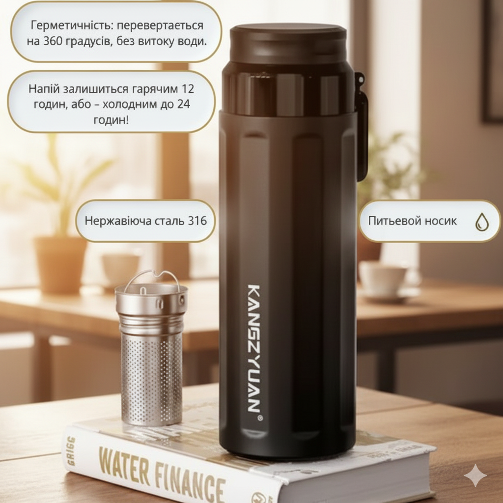 Термос фляжка з нержавіючої сталі KANGZYUAN з подвійною стінкою вакуумний 600 мл Чорний (2456486220) - фото 7 Термос фляжка з нержавіючої сталі KANGZYUAN з подвійною стінкою вакуумний 600 мл Чорний (2456486220) - фото 7
