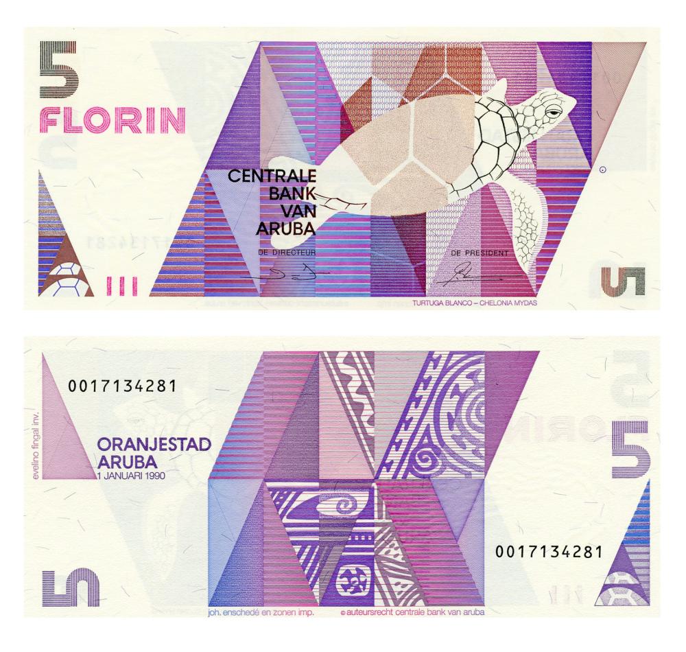 Колекційна банкнота Аруба 5 флоринів 1990 UNC Черепаха P6 (Б17053)