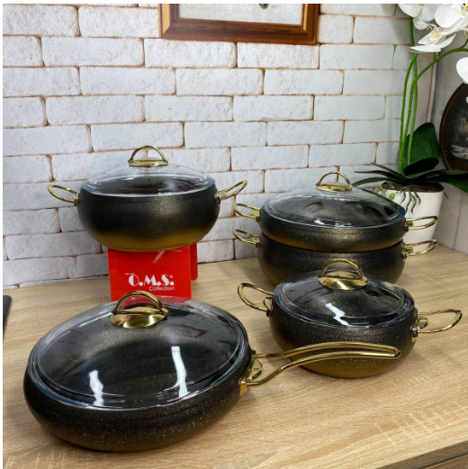 Набір посуду OMS з сотейником та сковорідкою з антипригарним покриттям для індукціі 9 пр. Чорно-золотий (3024-ind-gold) - фото 3 Набір посуду OMS з сотейником та сковорідкою з антипригарним покриттям для індукціі 9 пр. Чорно-золотий (3024-ind-gold) - фото 3