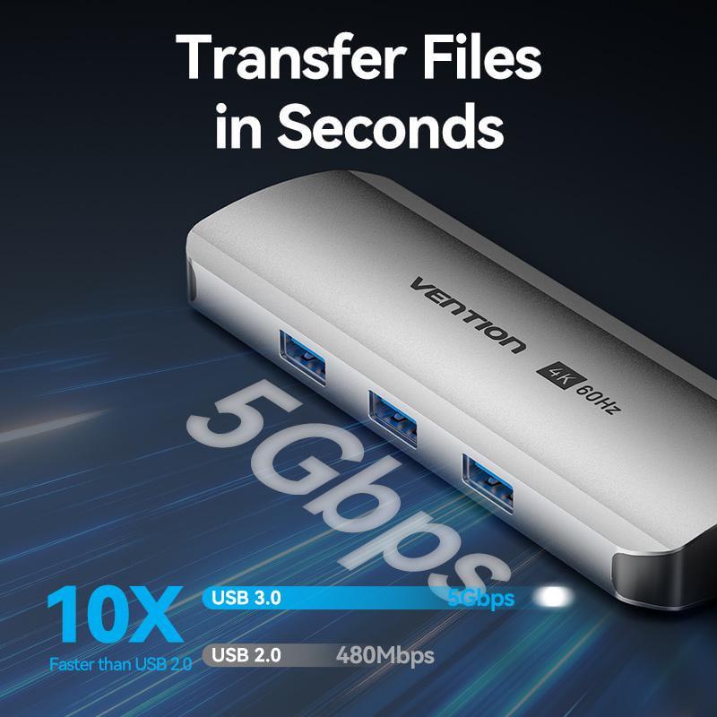 USB-хаб Vention Type-C-3x USB 3.0/5 Гбит/с HDMI 4K 60Hz/Type-C PD 100W/SD/TF карты RJ45 1 Гбит/с 3,5 мм minijack USB-C Серый (TQLHB) - фото 5
