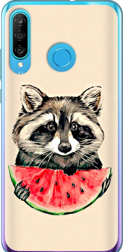 Чехол на Huawei P30 Lite Енотик с арбузом (4605u-1651-42517)