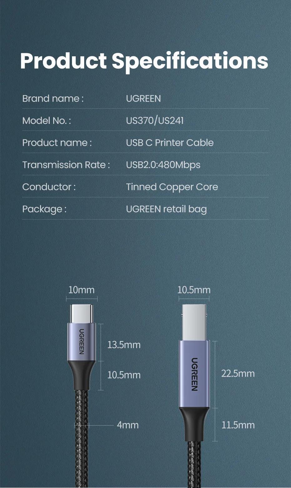 Кабель для принтера UGREEN Type-C-USB Type-B 2.0 480 Мбіт/с USB-C на USB-B 1 м Чорний (80805) - фото 10 Кабель для принтера UGREEN Type-C-USB Type-B 2.0 480 Мбіт/с USB-C на USB-B 1 м Чорний (80805) - фото 10