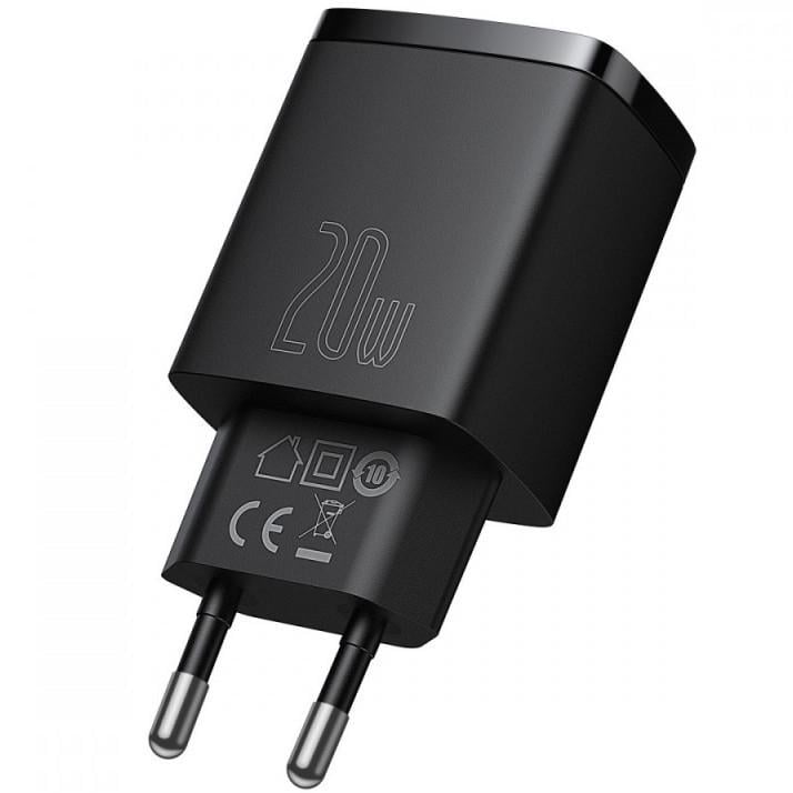 Адаптер живлення Baseus Compact Quick Charger 20W QC+PD(Type C+USB), Black