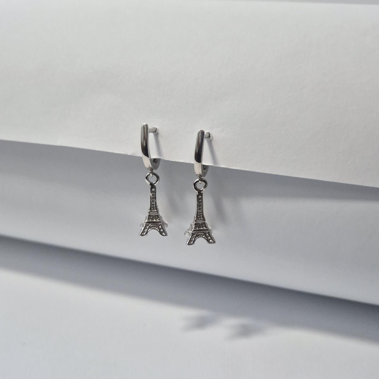 Сережки без каменів з підвіскою ейфелева вежа срібло 925 проби родоване 3,10 г (2172) - фото 3