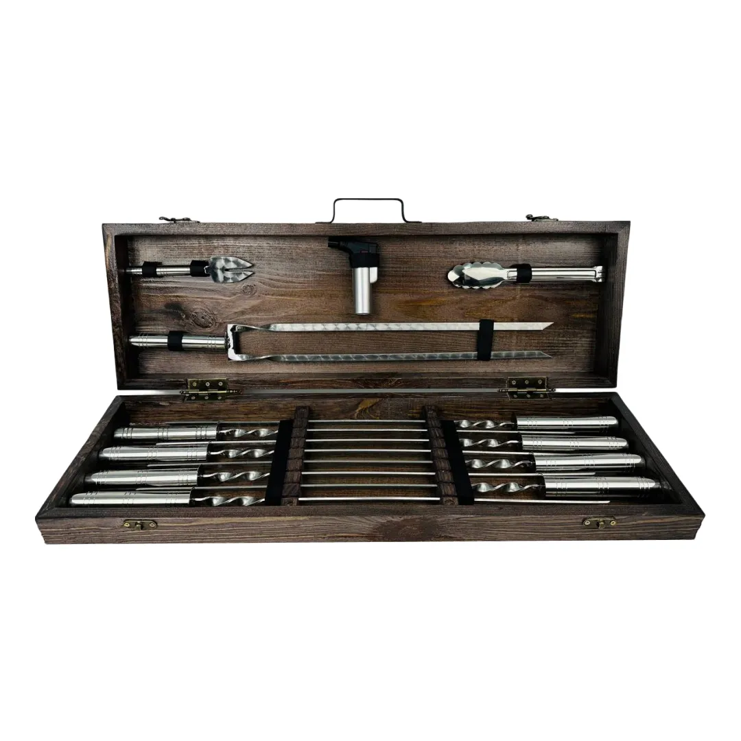 Набір шампурів у кейсі Срібло-2 середній дерев'яний з нержавіючої сталі (2-10-KS-7616)