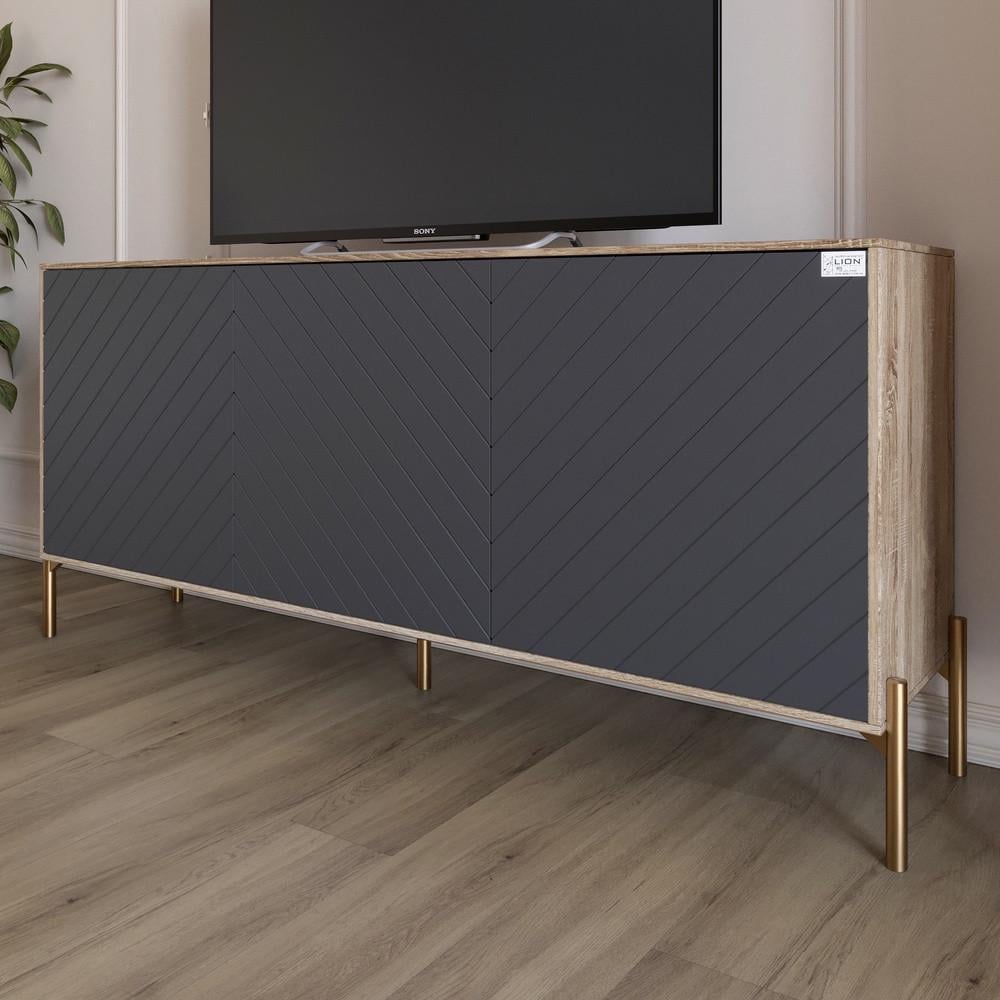 Тумба под телевизор с золотыми металлическими ножками Lion Амарант 168x40x76,5 см Дуб сонома трюфель/графитовый (Lion-043082) Тумба под телевизор с золотыми металлическими ножками Lion Амарант 168x40x76,5 см Дуб сонома трюфель/графитовый (Lion-043082)