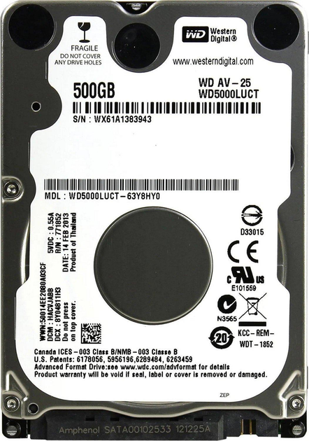 Жесткий диск HDD 2,5" 2,5" SATA 500 Gb WD AV-25 (WD5000LUCT+)