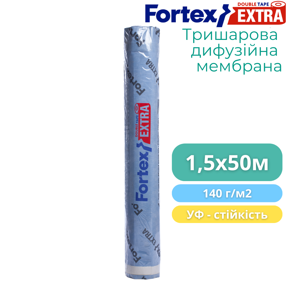 Мембрана дифузійна Fortex Extra 2 Tape 1,5x50 м 75 м2 140 г/м2 Синій/Білий (390238) - фото 7