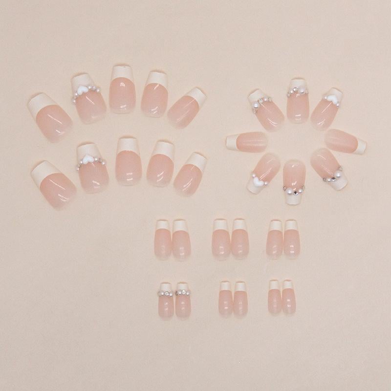 Накладные ногти с жемчужным дизайном и френчем с клеем Bananahall 24 шт.LK15177 Бежевый (A9757) - фото 4