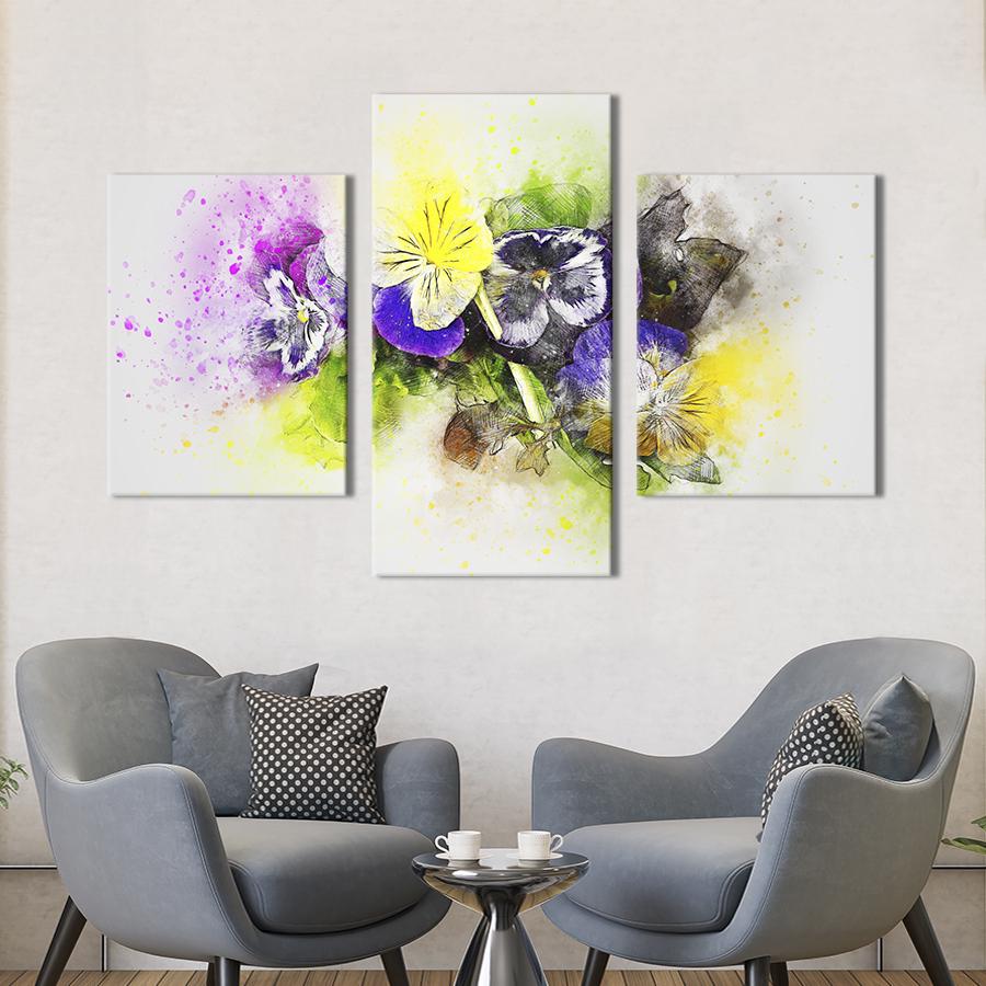 Картина на холсте триптих Акварельные цветы анютины глазки 66x40 см (852-32)