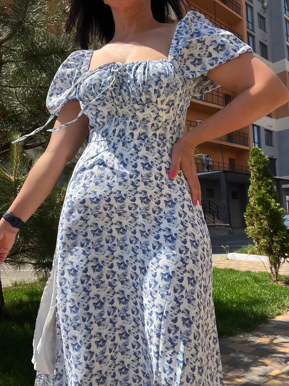 Платье женское летнее A-N 2669 цветочный принт разрез шнурок на груди длинное M Голубой (2044) - фото 5