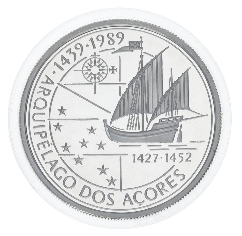 Коллекционная монета Португалия 100 эскудо 1989 серебро Proof Корабль Парусник Открытие Азорских островов 21 г (М21476)