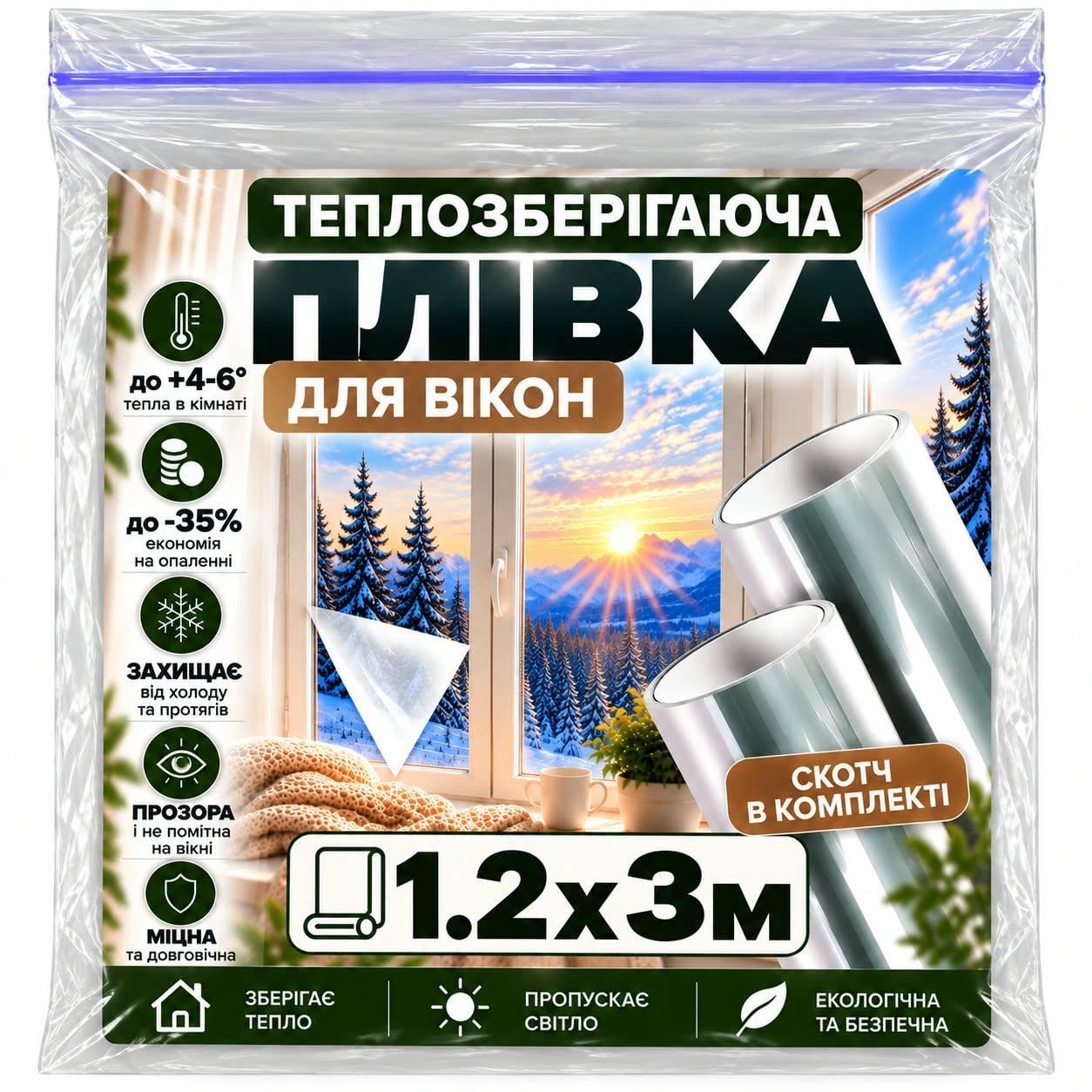 Пленка на окна теплосберегающая со скотчем 20 мкм 1,2 х3 м 3,6 м кв. (38490335)