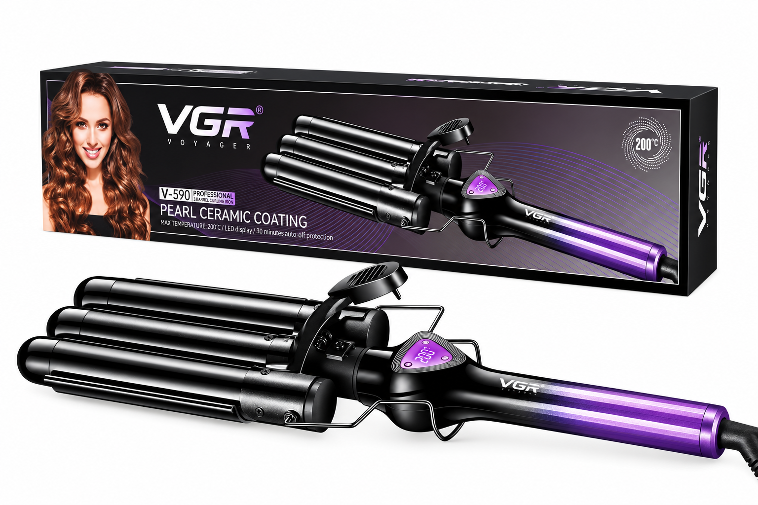 Плойка тройная VGR V-590 140-200 °C керамическое покрытие LED-дисплей 130 Вт Фиолетовый (ML-06802)