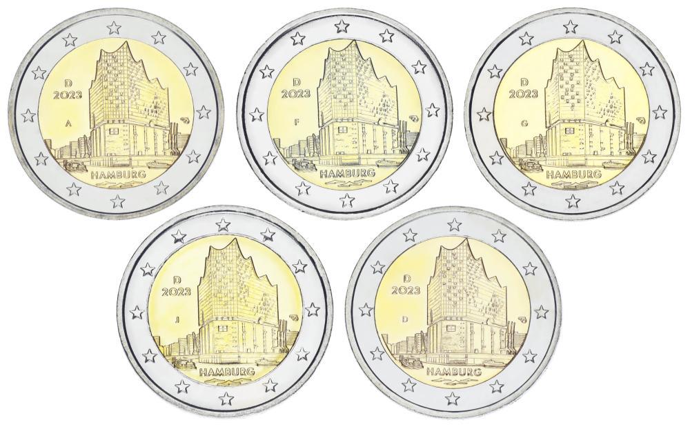 Набір колекційних монет Німеччина з 5 монет по 2 євро 2023 UNC A/D/F/G/J Гамбург Ельбська філармонія (М17277)