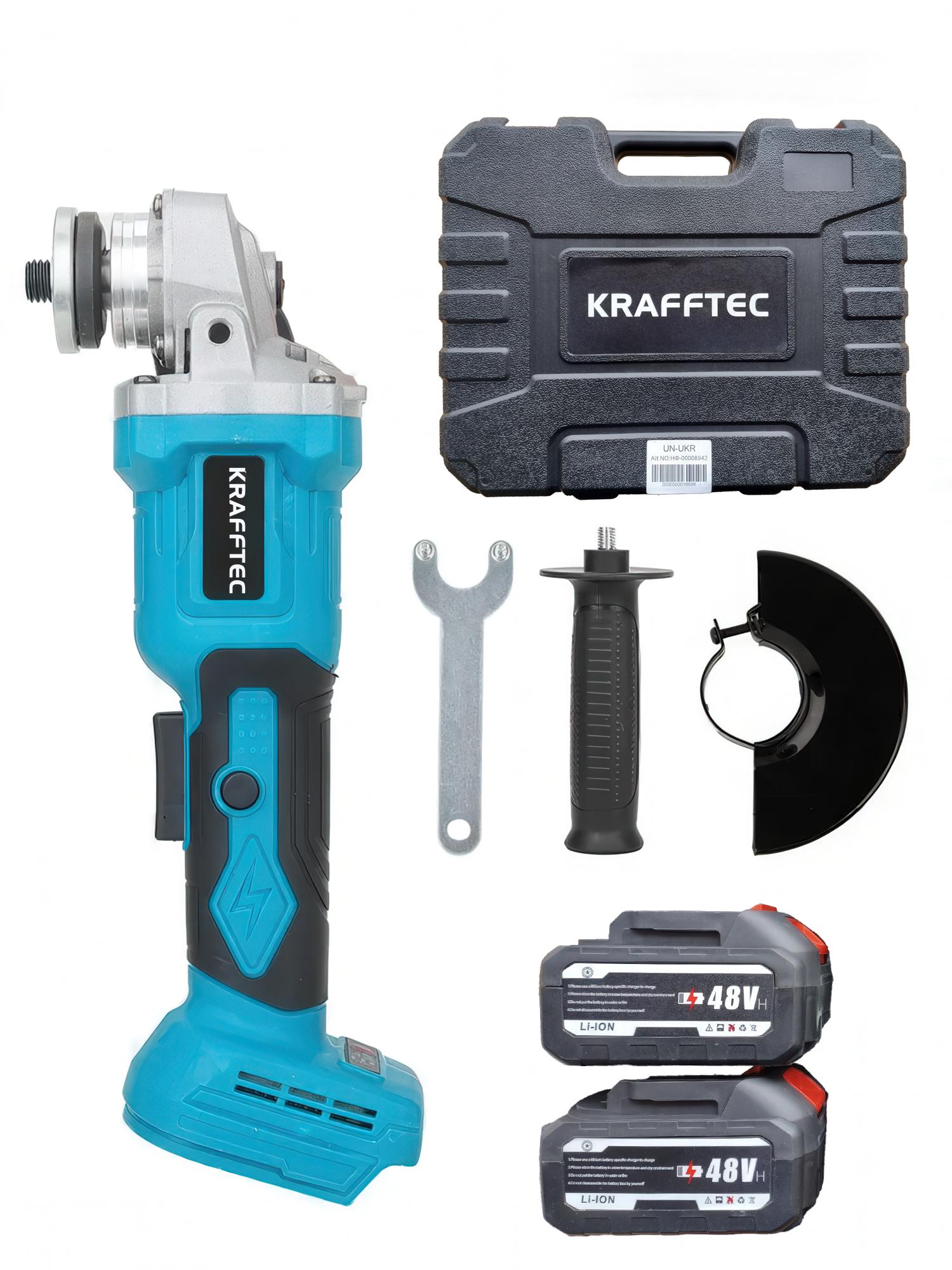 Шлифовальная машина угловая KRAFFTEC безщеточная аккумуляторная 125 мм 2 аккумулятора кейс (AKUBOL-1375)